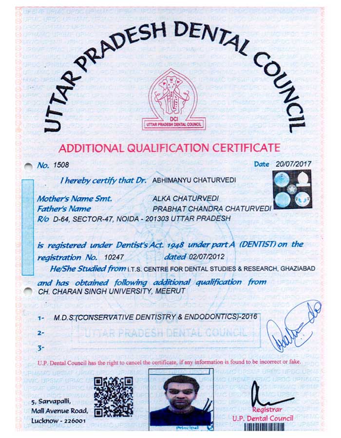 dr abhimanyu chaturvedi - up dental council identity card